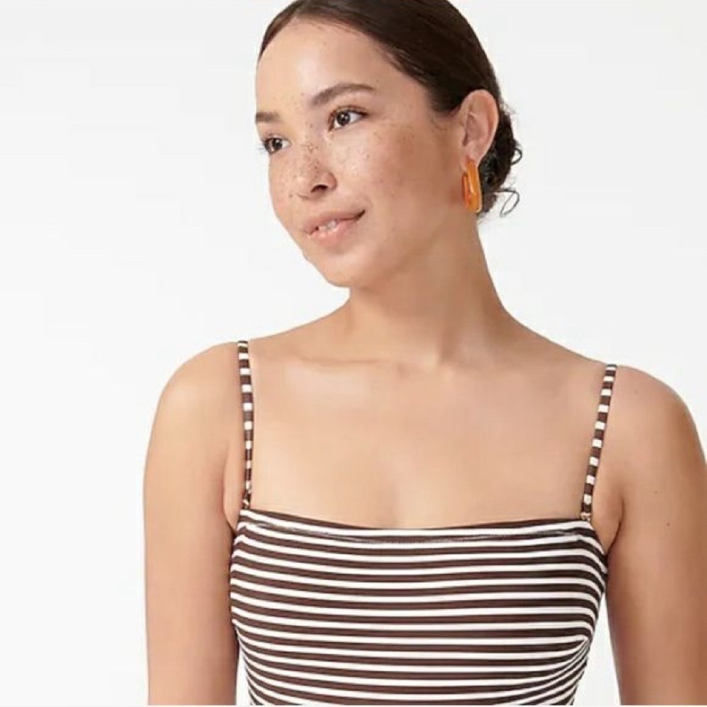J. Crew Bandeau One Piece Bathing Suit in Bold Stripe White/Brown Size 10 NWT - Picture 2 of 7